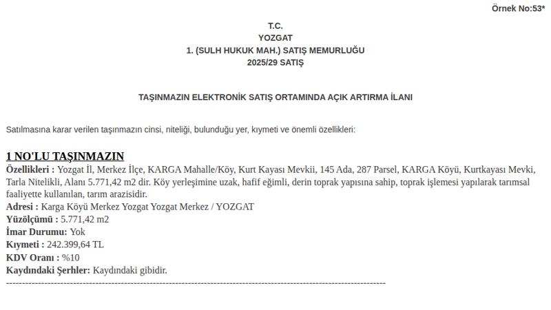 Satılık Tarla - Yozgat Merkez