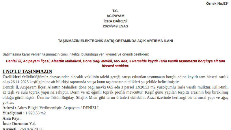 Satılık Tarla - Denizli Acıpayam