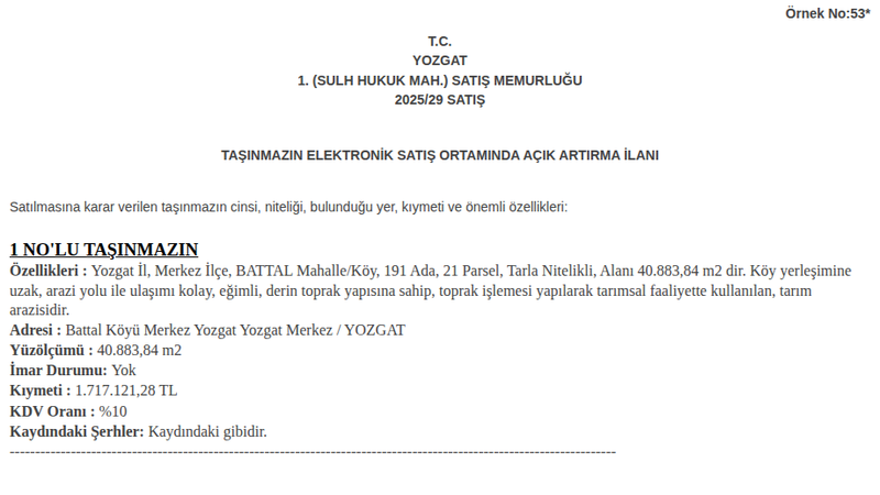 Satılık Tarla - Yozgat Merkez