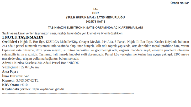 Satılık Tarla - Niğde Bor