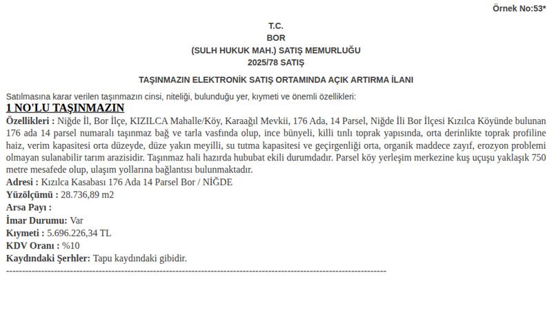 Satılık Tarla - Niğde Bor
