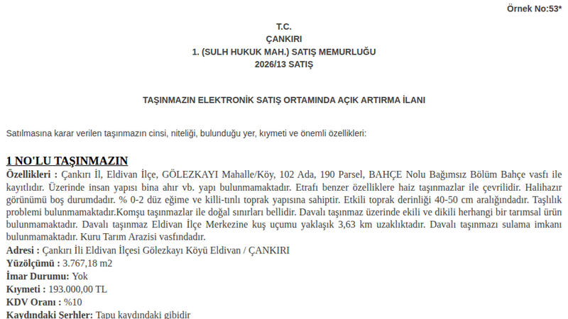 Satılık Bahçe - Çankırı Eldivan