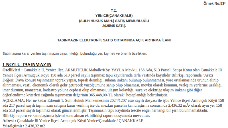 Satılık Tarla - Çanakkale Yenice