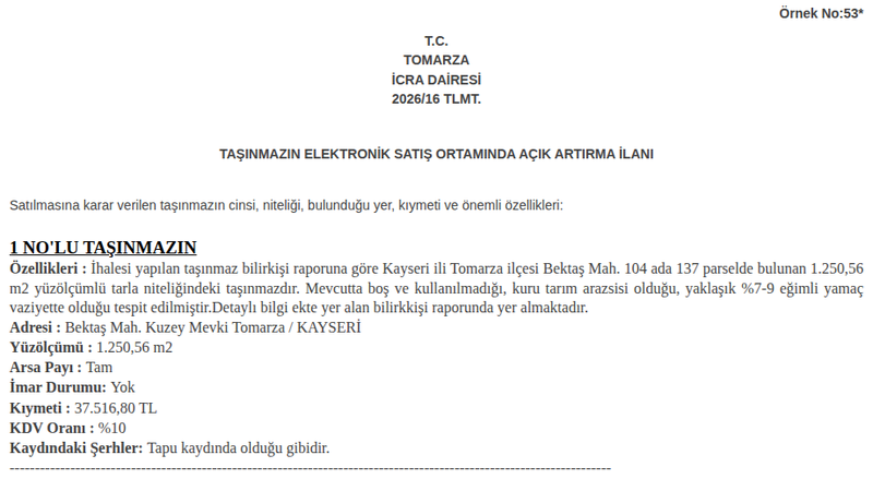 Satılık Tarla - Kayseri Tomarza