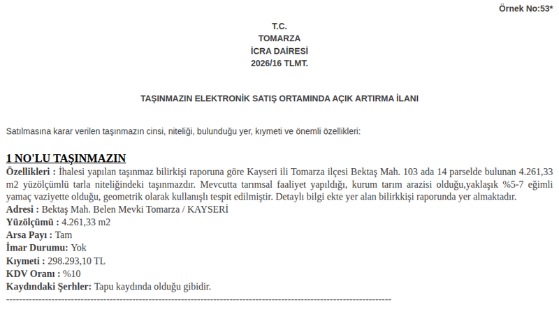 Satılık Tarla - Kayseri Tomarza