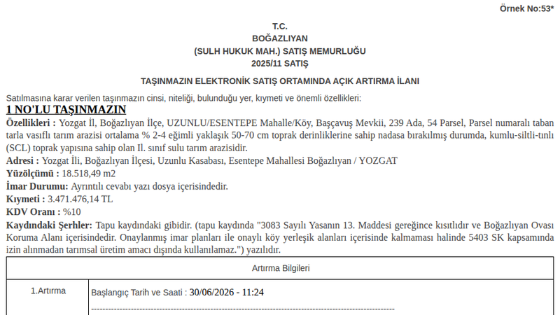 Satılık Tarla - Yozgat Boğazlıyan