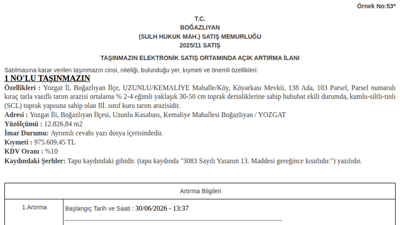 Satılık Tarla - Yozgat Boğazlıyan