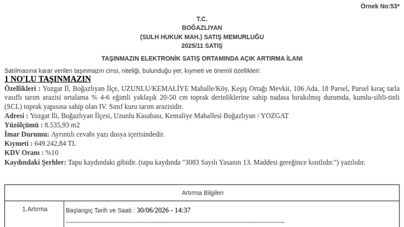 Satılık Tarla - Yozgat Boğazlıyan