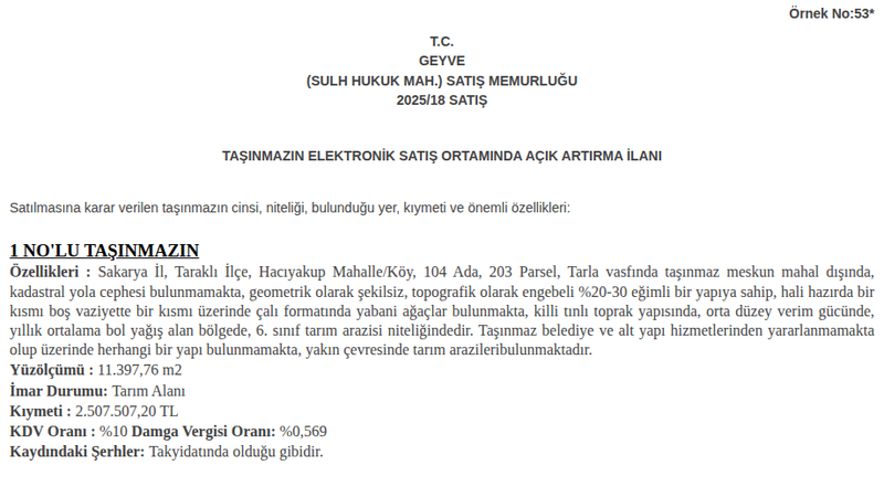 Satılık Tarla - Sakarya Taraklı