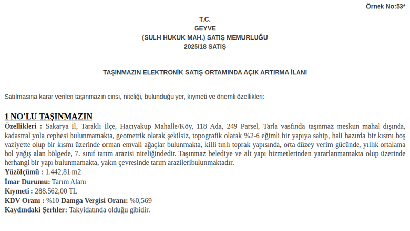 Satılık Tarla - Sakarya Taraklı