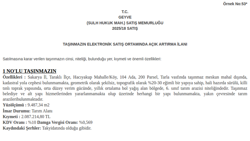 Satılık Tarla - Sakarya Taraklı