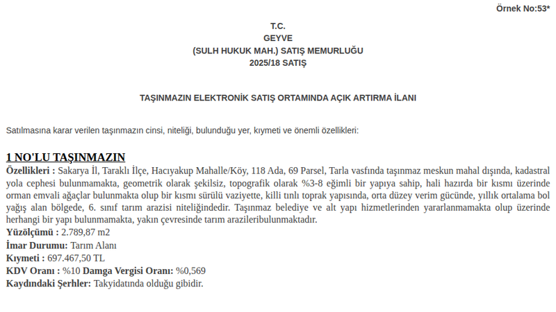 Satılık Tarla - Sakarya Taraklı