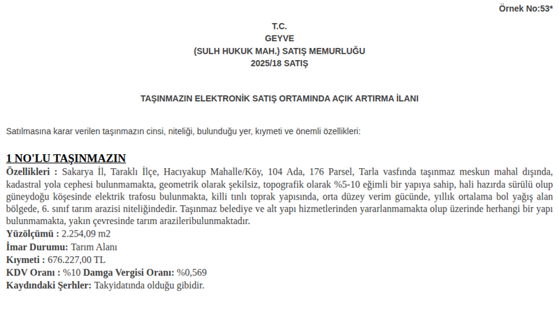 Satılık Tarla - Sakarya Taraklı