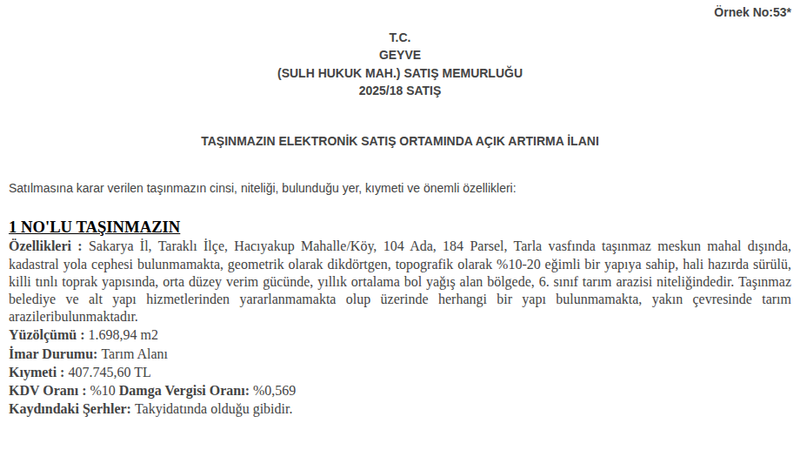 Satılık Tarla - Sakarya Taraklı