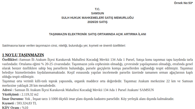 Satılık Tarla - Samsun Atakum