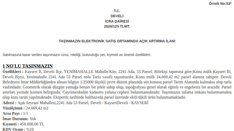 Satılık Tarla - Kayseri Develi