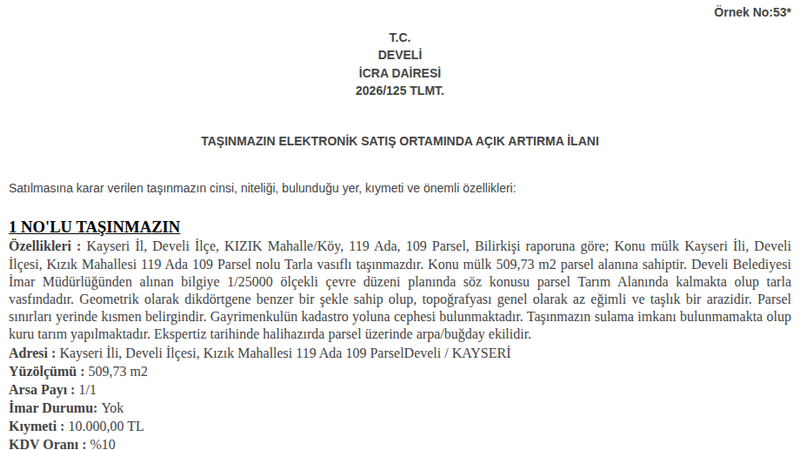 Satılık Tarla - Kayseri Develi