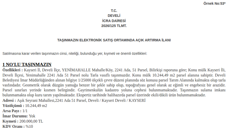 Satılık Tarla - Kayseri Develi
