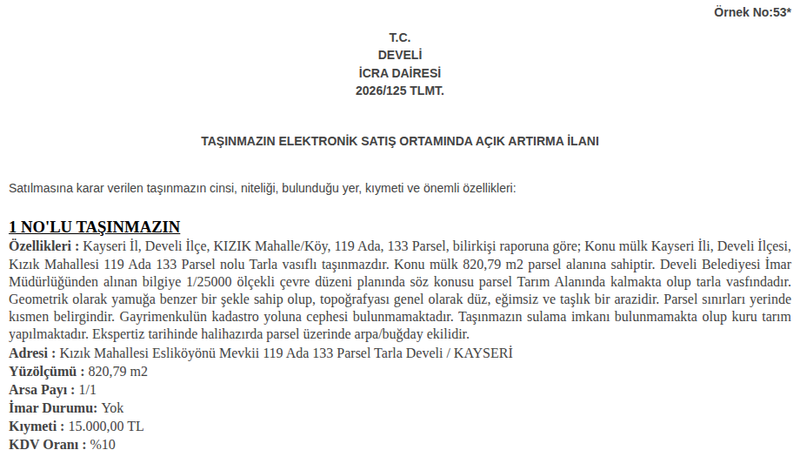 Satılık Tarla - Kayseri Develi