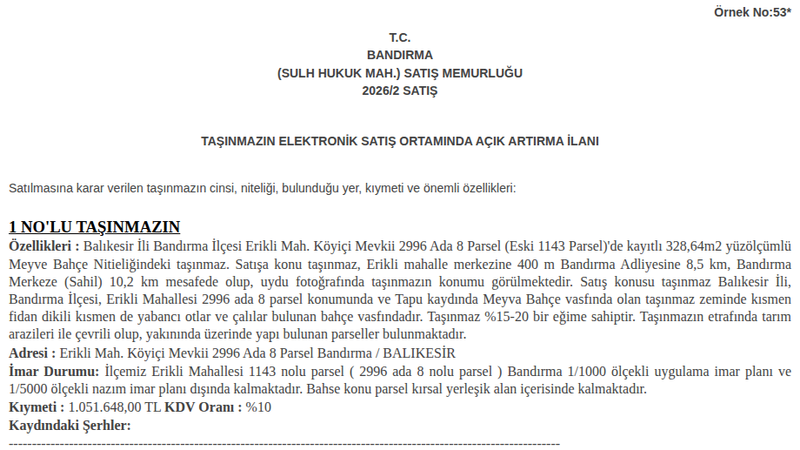 Satılık Bahçe - Balıkesir Bandırma
