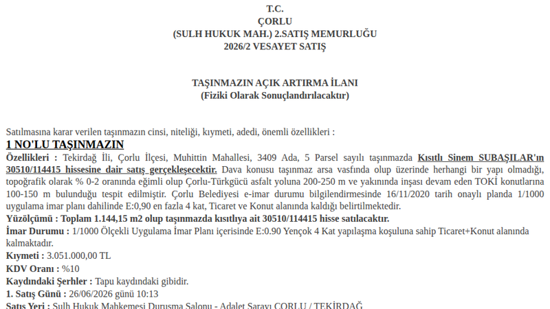 Konut - TEKİRDAĞ ÇORLU - 144,15 m²
