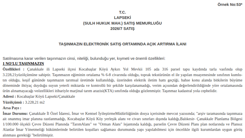 Satılık Tarla - Çanakkale Lapseki