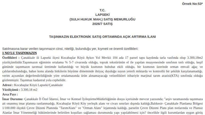 Satılık Tarla - Çanakkale Lapseki
