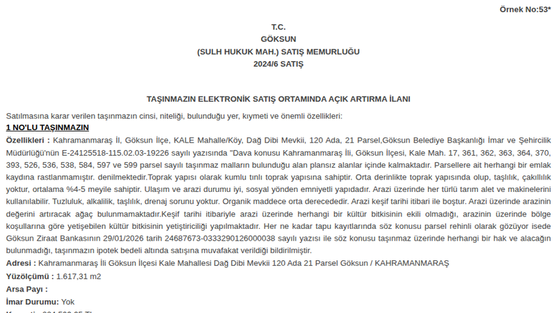 Arsa/Arazi - KAHRAMANMARAŞ GÖKSUN - 617,31 m²