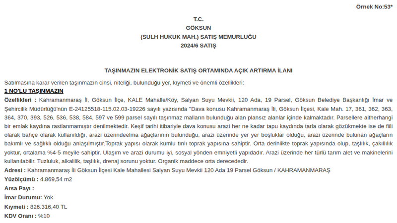 Arsa/Arazi - KAHRAMANMARAŞ GÖKSUN - 869,54 m²