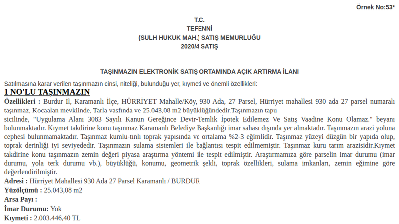 Arsa/Arazi - BURDUR KARAMANLI - 43,08 m²