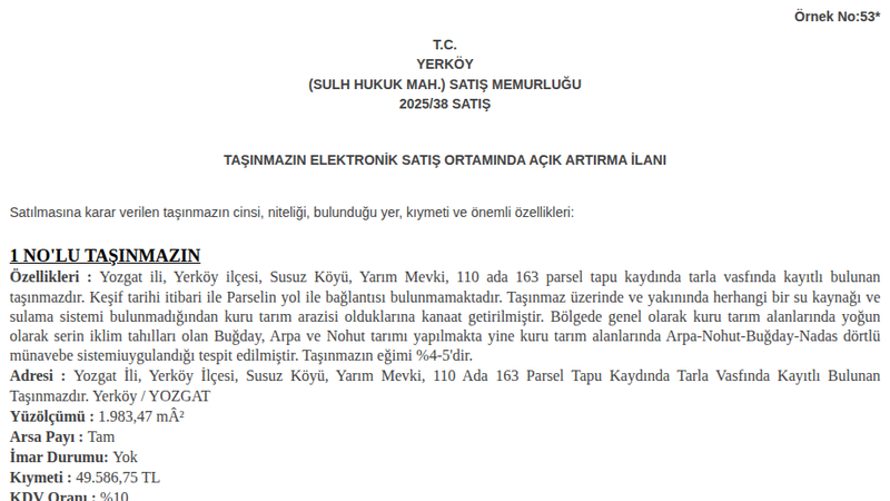 Satılık Tarla - Yozgat Yerköy