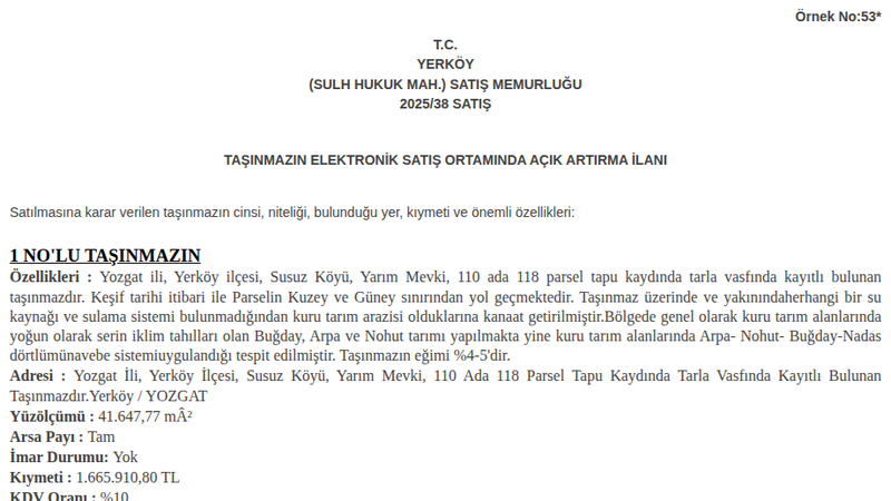 Satılık Tarla - Yozgat Yerköy