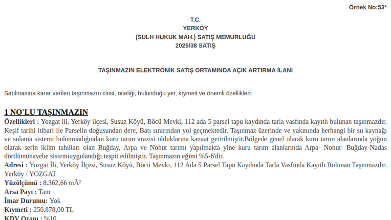 Satılık Tarla - Yozgat Yerköy