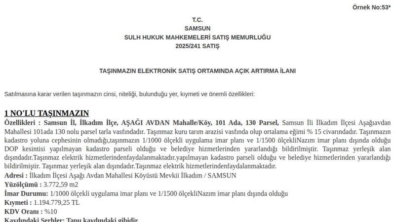 Arsa/Arazi - SAMSUN İLKADIM - 772,59 m²