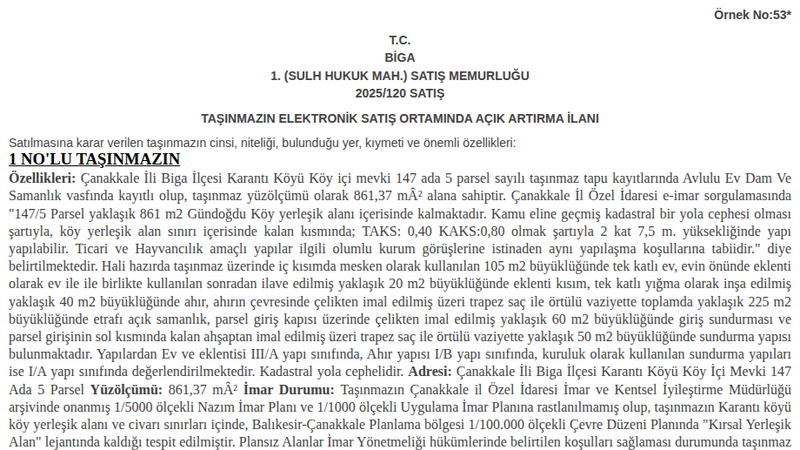 Konut - ÇANAKKALE BİGA - 861,37 m²