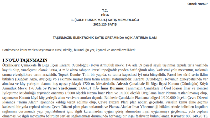 Arsa/Arazi - ÇANAKKALE BİGA - 664,31 m²