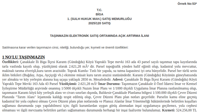 Arsa/Arazi - ÇANAKKALE BİGA - 621,28 m²