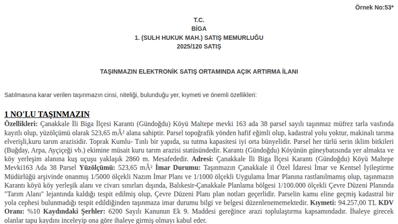 Arsa/Arazi - ÇANAKKALE BİGA - 523,65 m²