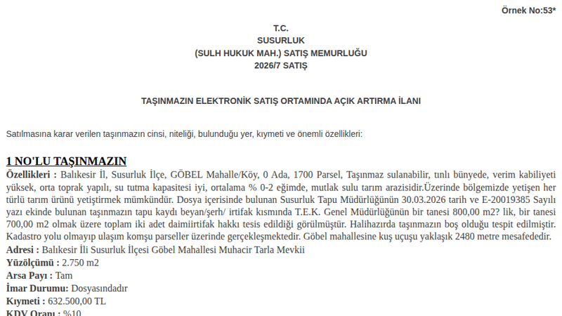 Arsa/Arazi - BALIKESİR SUSURLUK - 800 m²