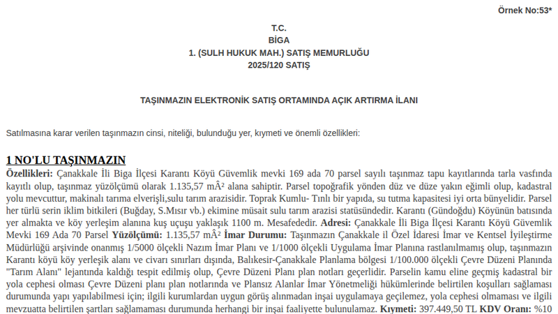 Arsa/Arazi - ÇANAKKALE BİGA - 135,57 m²