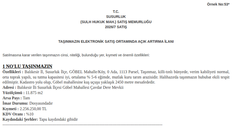 Arsa/Arazi - BALIKESİR SUSURLUK - 11.875 m²
