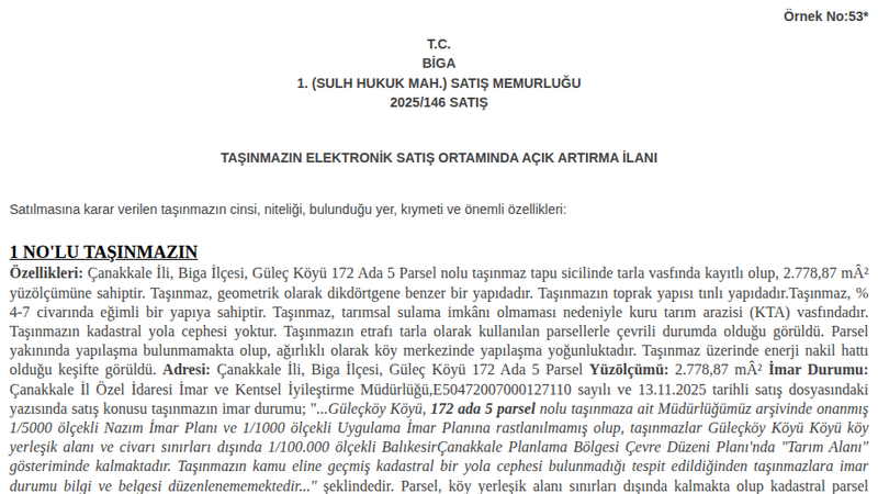 Arsa/Arazi - ÇANAKKALE BİGA - 778,87 m²