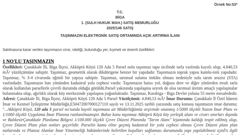Arsa/Arazi - ÇANAKKALE BİGA - 840,53 m²