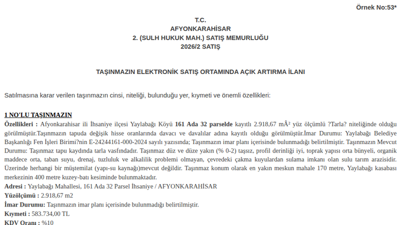 Arsa/Arazi - AFYONKARAHİSAR İHSANİYE - 918,67 m²