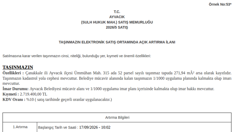 Arsa/Arazi - ÇANAKKALE AYVACIK - 271,94 m²